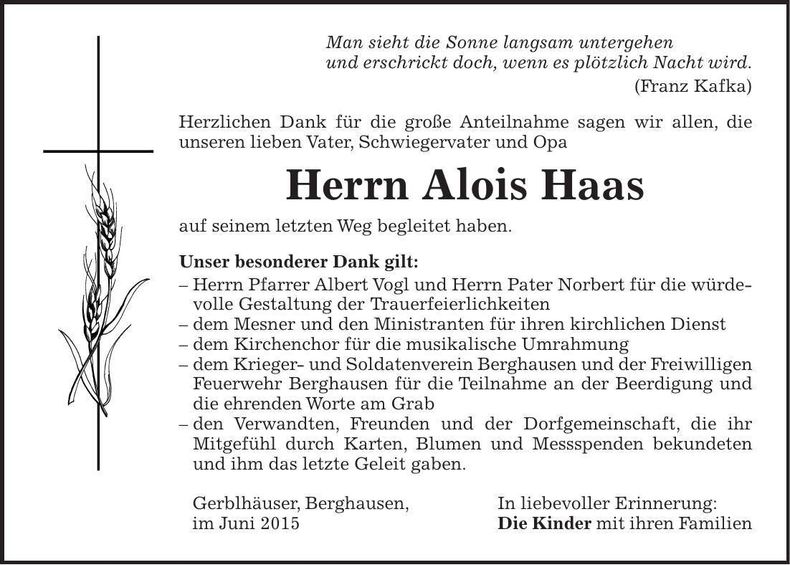 Traueranzeige Alois Haas