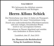 Traueranzeige Alfons Schick