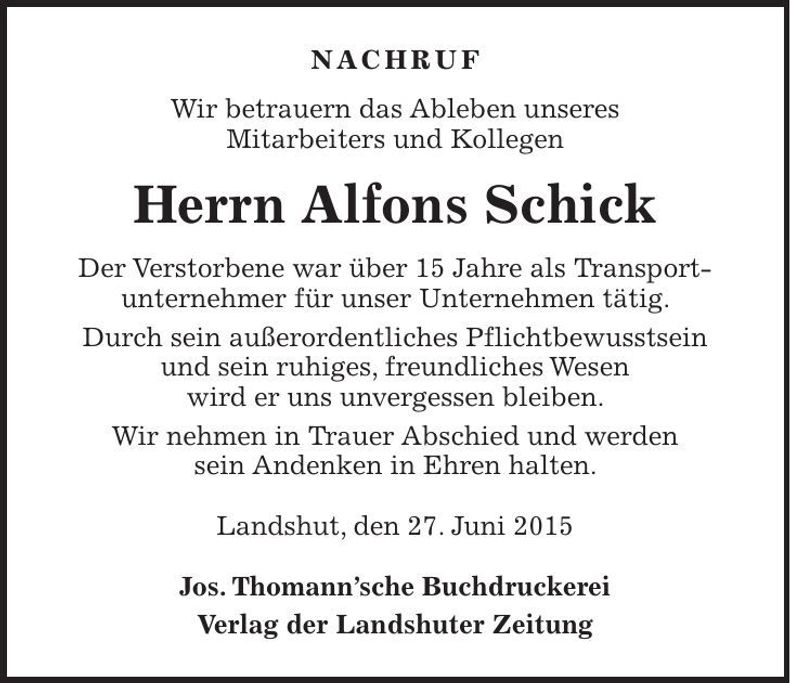 Traueranzeige Alfons Schick