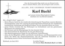 Traueranzeige Karl Bachl