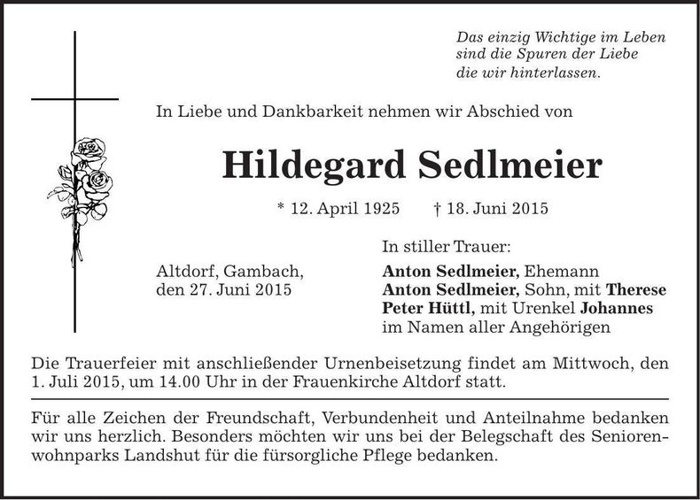 Traueranzeige Hildegard Sedlmeier