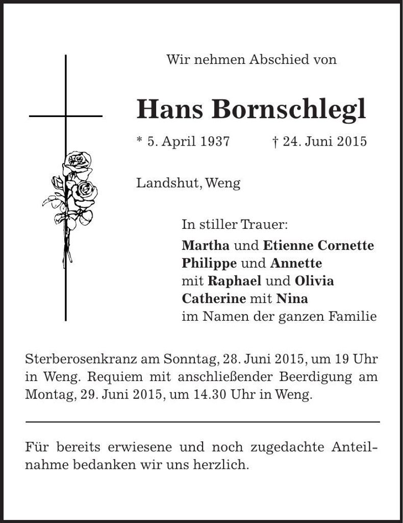 Traueranzeige Hans Bornschlegl