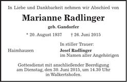 Traueranzeige Marianne Radlinger