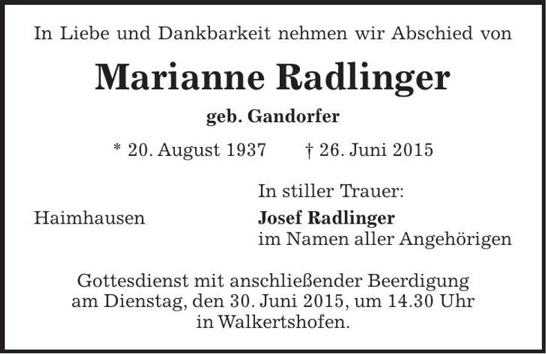 Traueranzeige Marianne Radlinger