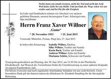 Traueranzeige Franz Xaver Willner