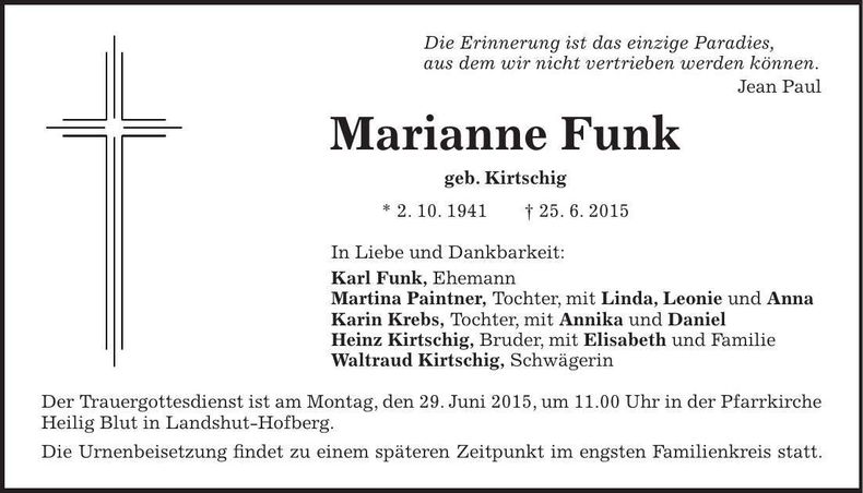 Traueranzeige Marianne Funk