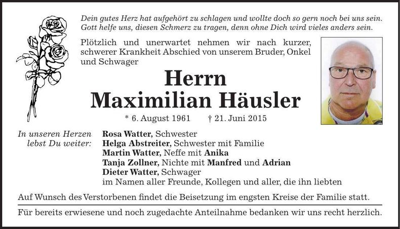 Traueranzeige Maximilian Häusler