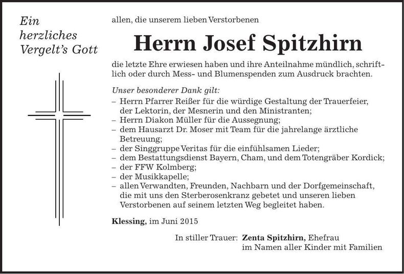 Traueranzeige Josef Spitzhirn