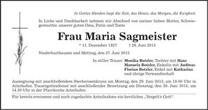 Traueranzeige Maria Sagmeister