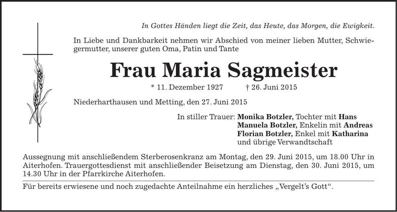 Traueranzeige Maria Sagmeister