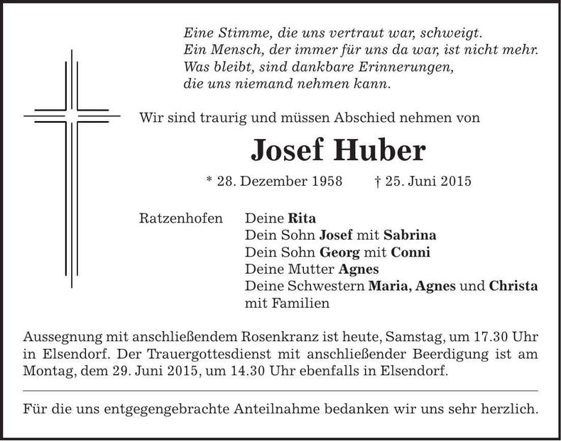 Traueranzeige Huber Josef