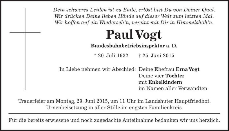 Traueranzeige Paul Vogt