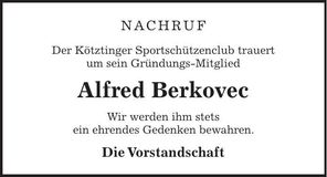 Traueranzeige Alfred Berkovec