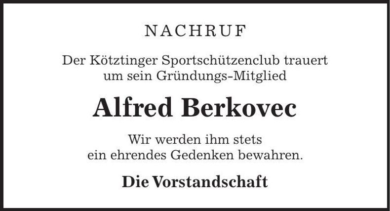 Traueranzeige Alfred Berkovec