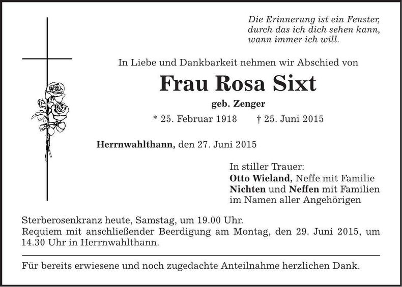 Traueranzeige Rosa Sixt