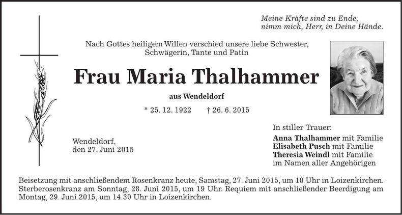 Traueranzeige Maria Thalhammer