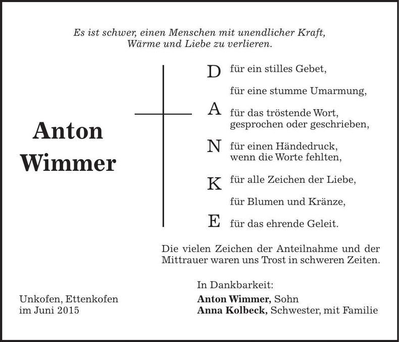 Traueranzeige Anton Wimmer