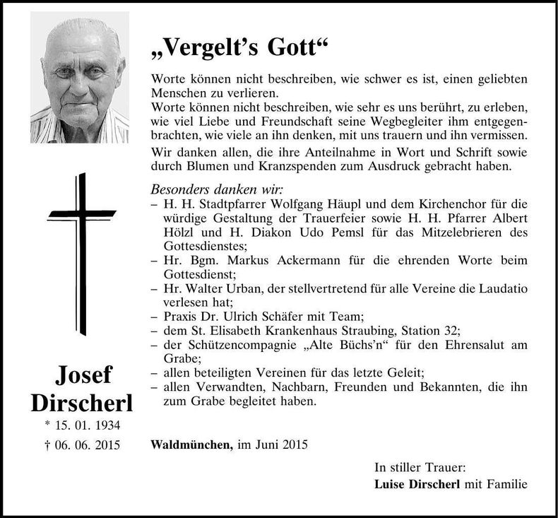 Traueranzeige Josef Dirscherl