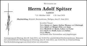 Traueranzeige Adolf Spitzer