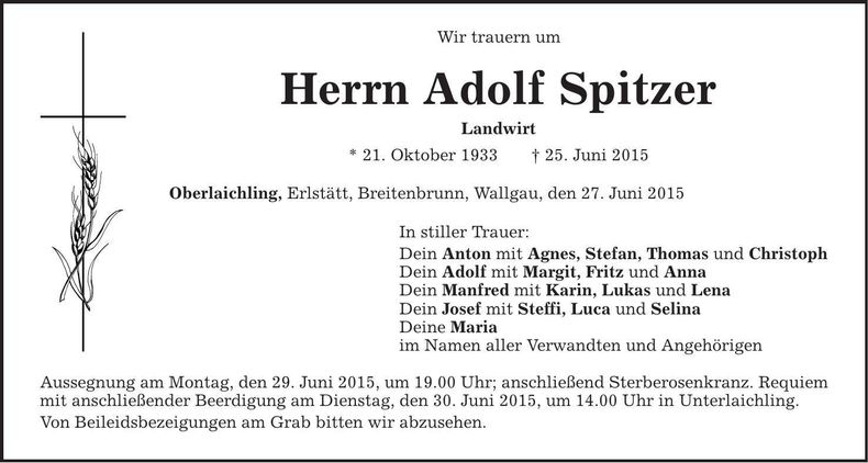 Traueranzeige Adolf Spitzer