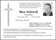 Traueranzeige Max Schwab