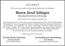 Traueranzeige Josef Islinger