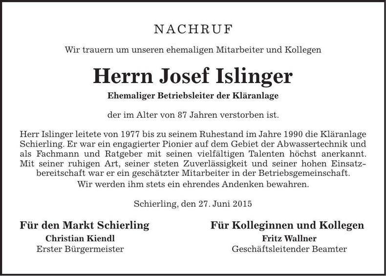 Traueranzeige Josef Islinger