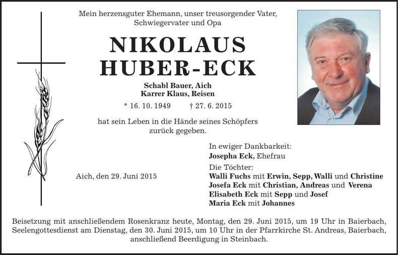 Traueranzeige Nikolaus Huber-Eck