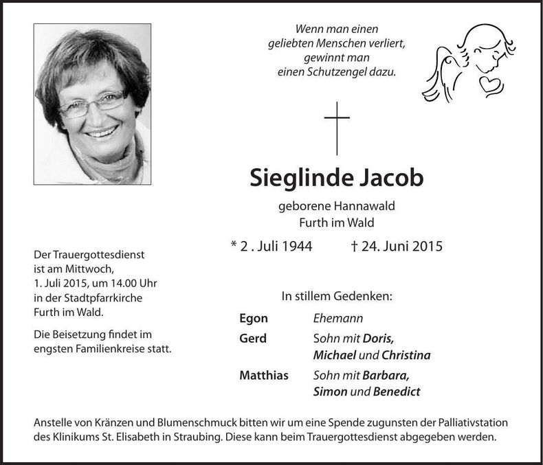 Traueranzeige Sieglinde Jacob
