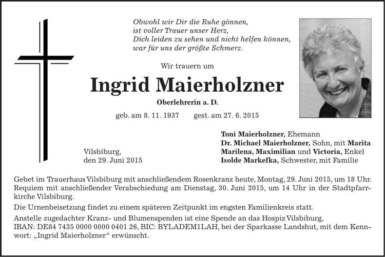 Traueranzeige Ingrid Maierholzner