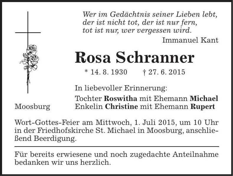 Traueranzeige Rosa Schranner
