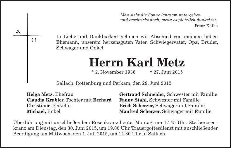 Traueranzeige Karl Metz