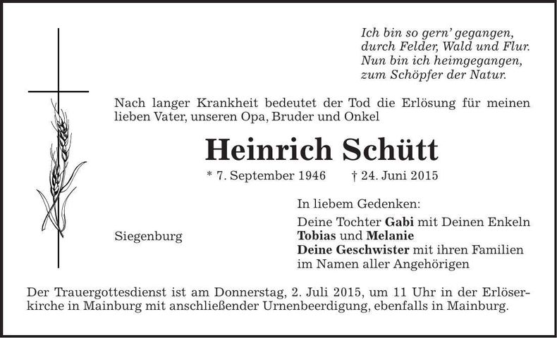 Traueranzeige Heinrich Schütt