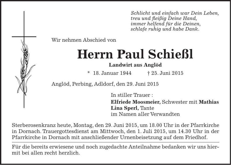 Traueranzeige Paul Schießl