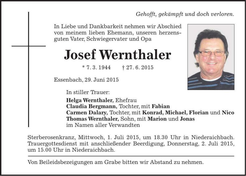 Traueranzeige Josef Wernthaler