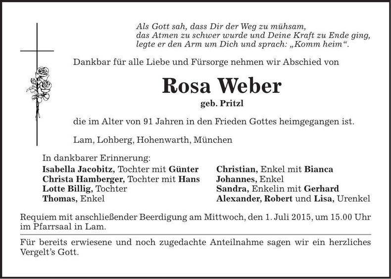 Traueranzeige Rosa Weber