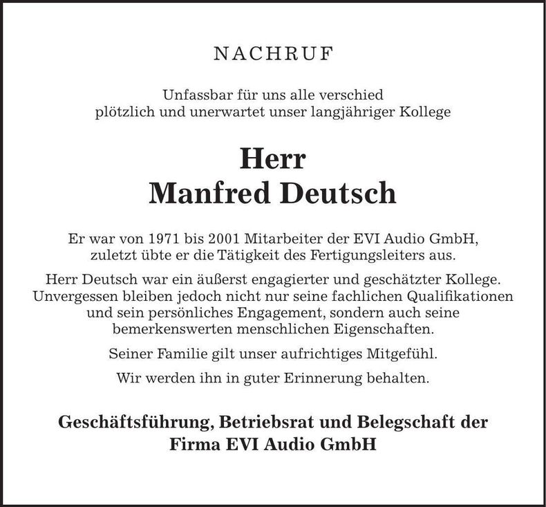 Traueranzeige Manfred Deutsch