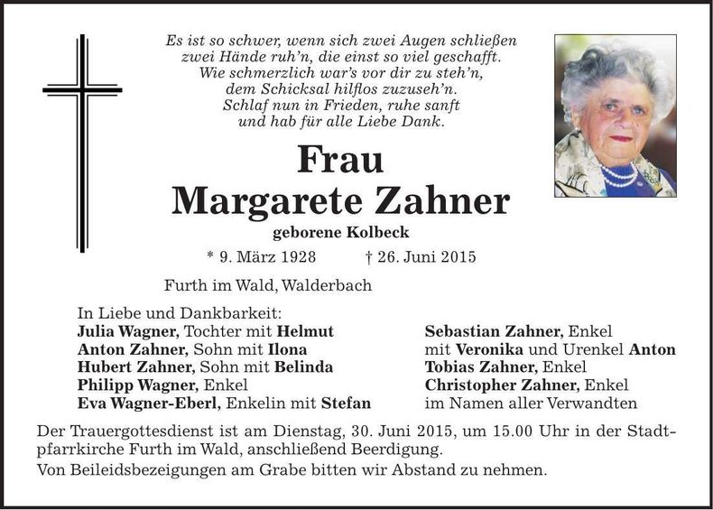 Traueranzeige Margarete Zahner