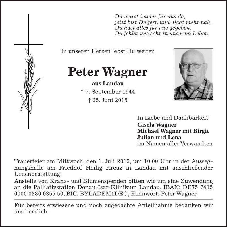 Traueranzeige Peter Wagner