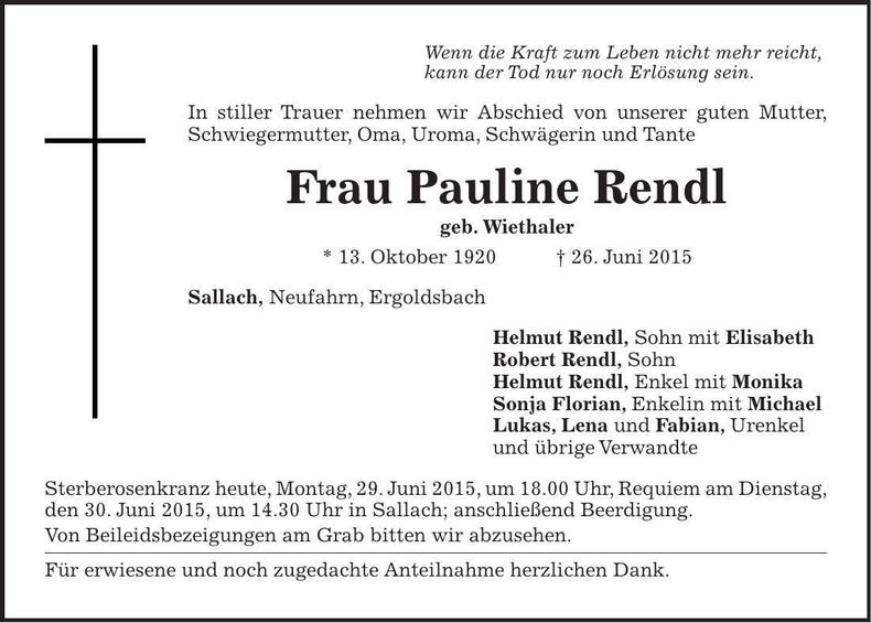 Traueranzeige Pauline Rendl