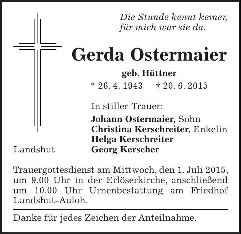Traueranzeige Gerda Ostermaier