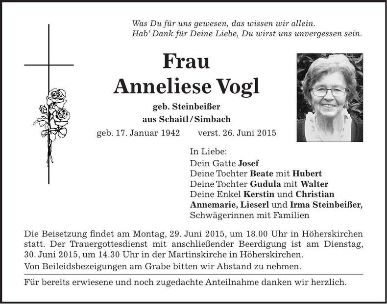 Traueranzeige Anneliese Vogl
