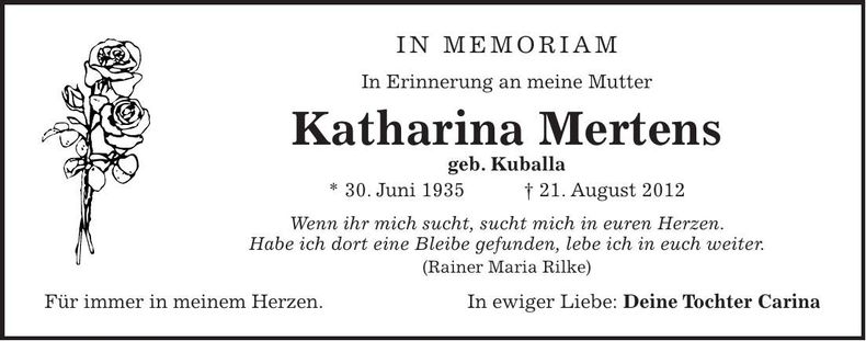 Traueranzeige Katharina Mertens