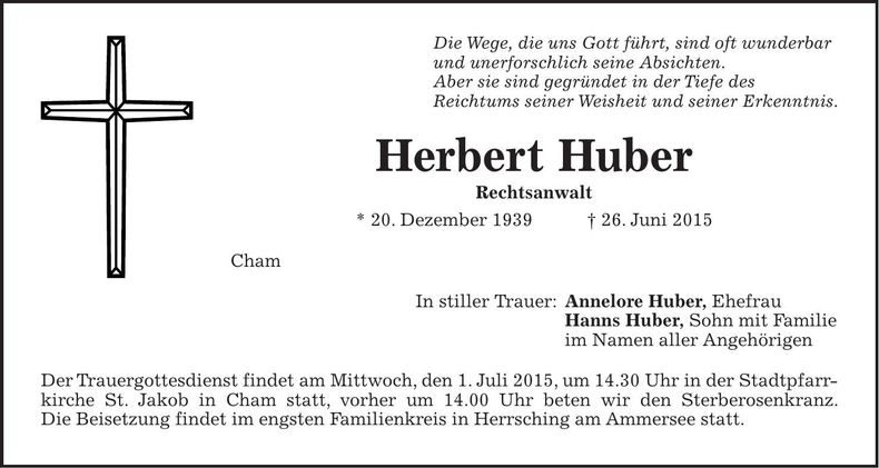 Traueranzeige Herbert Huber