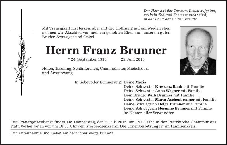 Traueranzeige Franz Brunner