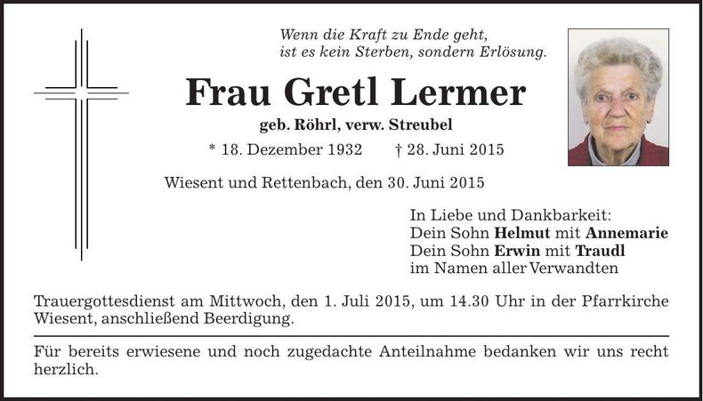 Traueranzeige Gretl Lermer