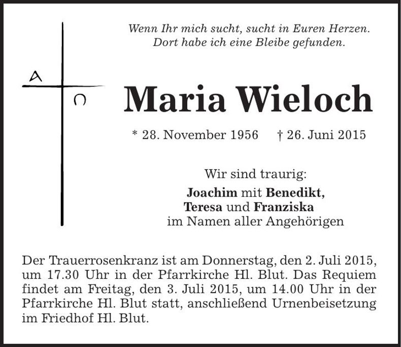 Traueranzeige Maria Wieloch