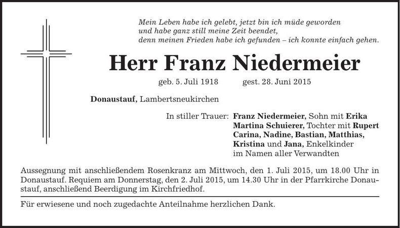 Traueranzeige Franz Niedermeier