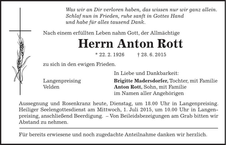 Traueranzeige Anton Rott