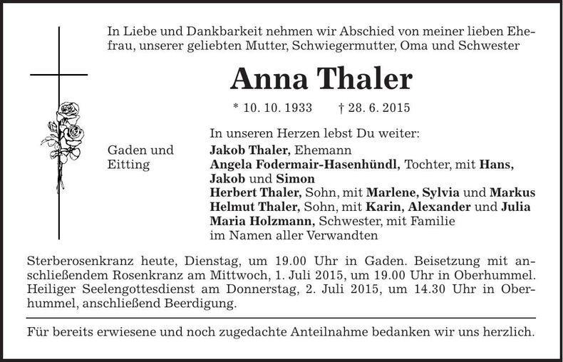 Traueranzeige Anna Thaler
